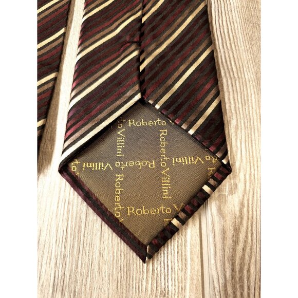 Roberto Villini Collezione Striped Silk Mens Tie Black Burgundy White Stripe Des - Picture 5 of 10